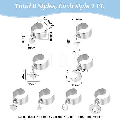 8Pcs 8 Styles 304 Stainless Steel Open Cuff Rings Set RJEW-UN00005-1