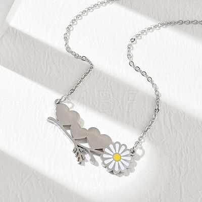 304 Stainless Steel Enamel White Daisy Flower and Heart Pendant Cable Chain Necklaces for Women NJEW-K309-01P-1
