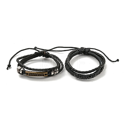 Braided PU Leather & Waxed Cords Triple Layer Multi-strand Bracelets BJEW-P329-06-1