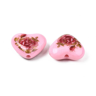 Flower Printed Opaque Acrylic Heart Beads SACR-S305-28-H03-1