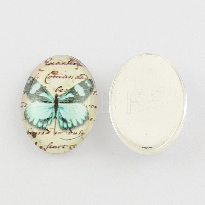 Butterfly Pattern Printed Glass Cabochons GGLA-R019-18x13mm-M3-1