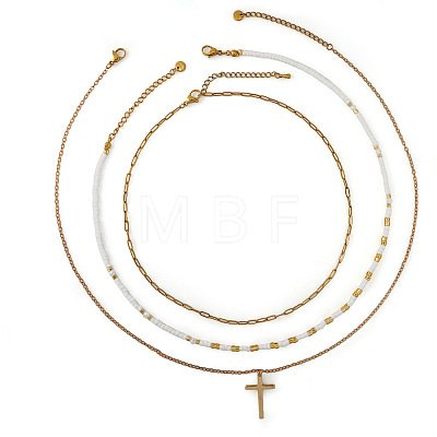 304 Stainless Steel Religion Cross Pendant Glass Seed Beaded 3 Layer Necklaces for Women WI3210-1