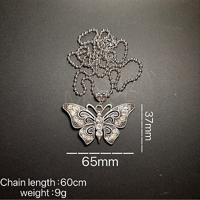 European Style Vintage Alloy Rhinestone Butterfly Pendant Ball Chain Necklaces for Women YE8712-1-1