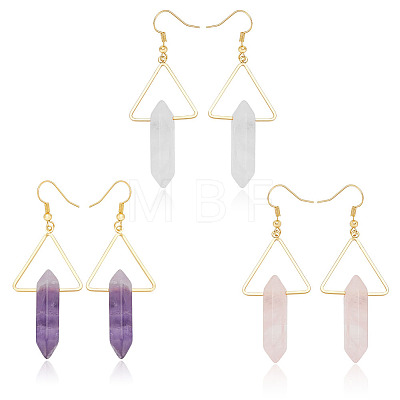 3 Pairs 3 Style Natural Mixed Gemstone Triangle with Bullet Dangle Earrings EJEW-AN0002-27-1
