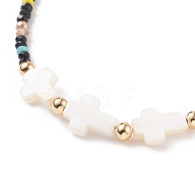Shell Cross & Glass Beaded Necklace for Women NJEW-JN03910-02-1