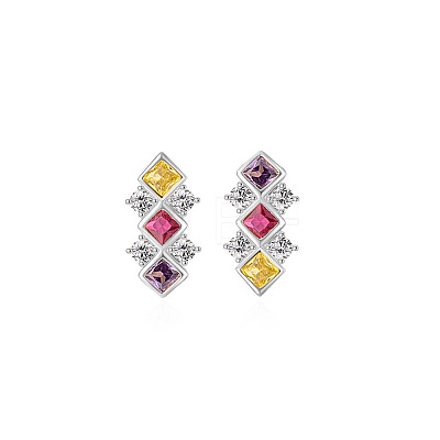 Rhombus 925 Sterling Silver Pave Colourful Cubic Zirconia Stud Earrings WGF0FD8-03-1