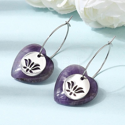 Natural Amethyst & 304 Stainless Steel Hoop Earrings for Women EJEW-G475-02P-08-1