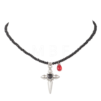 Alloy Enamel Gothic Cross and Red Teardrop Pendant Faceted Rondelle Glass Beaded Necklaces NJEW-JN05827-1