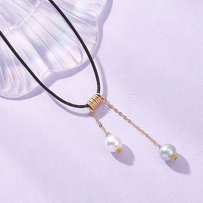 ABS Plastic Imitation Pearl Round Tassel Pendant Black Waxed Polyester Cord Necklaces for Women NJEW-JN05610-02-1