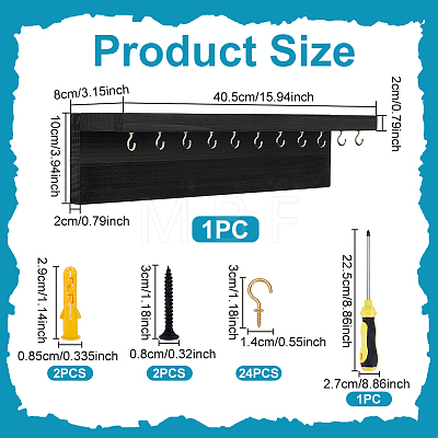 Rectangle Pine Wood Wall Mounted Jewelry Display Stands with 24Pcs Golden Tone Metal Hooks ODIS-WH0038-271-1