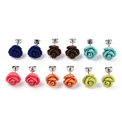 Synthetical Coral Flower Ear Studs EJEW-R102-01-1