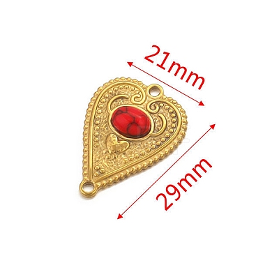 Stainless Steel Pave Dyed Red Synthetic Turquoise Peach Heart Connector Charms PW-WG0EEB2-02-1