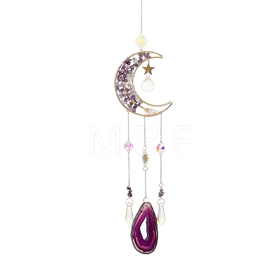 Wire Wrapped Natural Amethyst Moon with Tree of Life Pendant Decorations HJEW-K046-07G-06-1