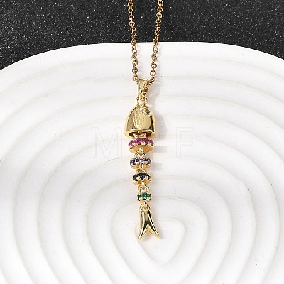 201 Stainless Steel Pave Colorful Cubic Zirconia Fish Bone Pendant Necklaces for Women NJEW-C111-02B-G-1