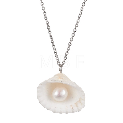 Natural Clam Shell & Imitation Pearl Pendant Necklaces NJEW-JN05006-1