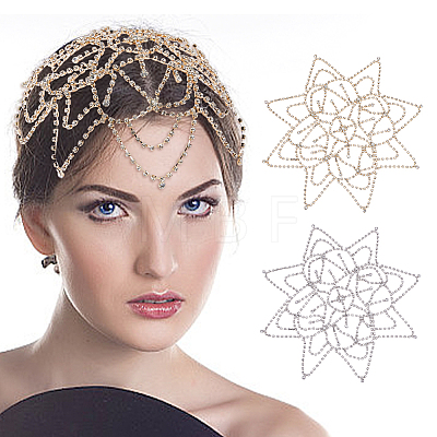 2Pcs 2 Colors Brass Rhinestone Tassel Chain Headbands for Women OHAR-HS0001-06-1