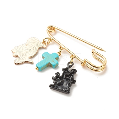 Halloween Castle & Crow Alloy Enamel Charm Safety Pin with Synthetic Turquoise Cross JEWB-BR00069-04-1