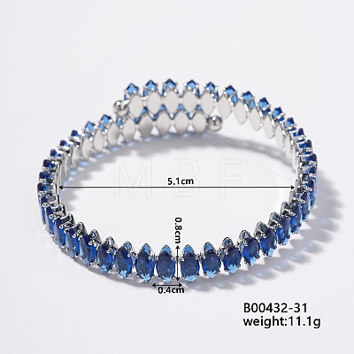 Elegant Brass Pave Blue Cubic Zirconia Rhombus Open Cuff Bracelet for Women KX4249-12-1