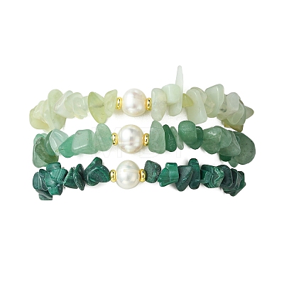 3Pcs 3 Styles Natural Mixed Gemstone Chip & Cultured Freshwater Pearl Beaded Stretch Bracelets Set for Women BJEW-JB13762-02-1