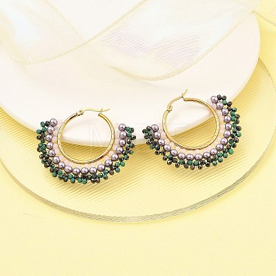 304 Stainless Steel & Bohemian Beaded Fan Hoop Earrings for Women EJEW-R001-01G-02-1