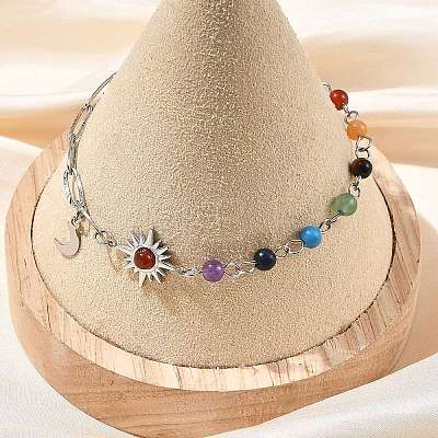 7 Chakra Gemstone Beaded Chain & 304 Stainless Steel Paperclip Chain Bracelets BJEW-JB14411-1