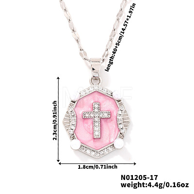 Shiny Retro Brass Micro Pave Clear Cubic Zirconia Oval with Cross Pendant Necklaces with Enamel YR4811-5-1