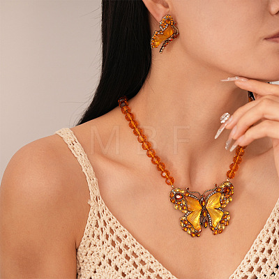 Alloy Topaz Rhinestone Butterfly Pendant Glass Beaded Necklaces for Women WGB9A43-02-1