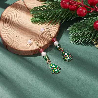 Enamel Christmas Tree with Glass Pearl Dangle Earrings EJEW-JE04961-04-1