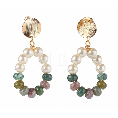 Natural Indian Agate with Glass Pearl Beads Dangle Stud Earrings X1-EJEW-TA00001-1