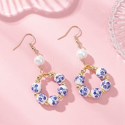 Printed Porcelain Round Dangle Earrings EJEW-JE06838-1