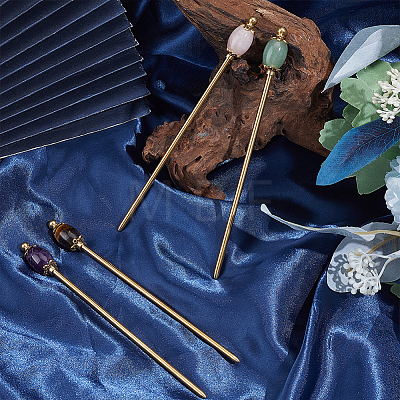 4Pcs Natural Tiger Eye & Natural Green Aventurine & Natural Amethyst & Natural Rose Quartz & Brass Hair Sticks OHAR-ME00002-1