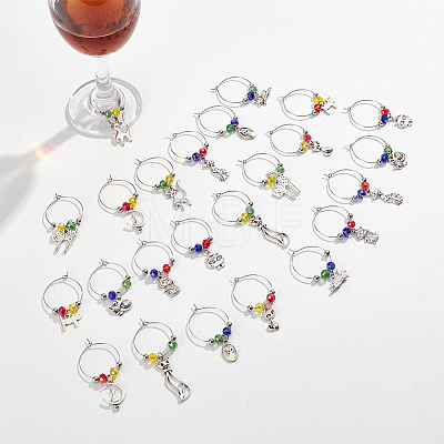 24Pcs 12 Style Tibetan Style Alloy Pendant & Brass Ring Wine Glass Charms AJEW-AB00056-1
