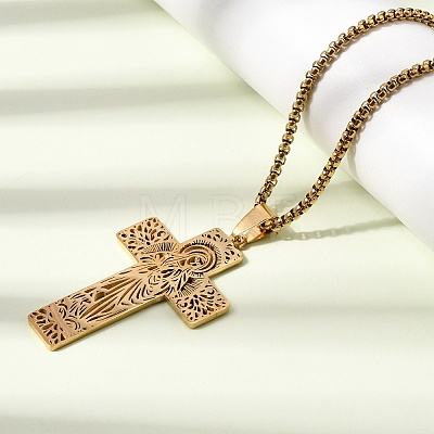 Religion 201 Stainless Steel Hollow Virgin Cross Pendant Necklaces for Men Women NJEW-Z118-01G-1