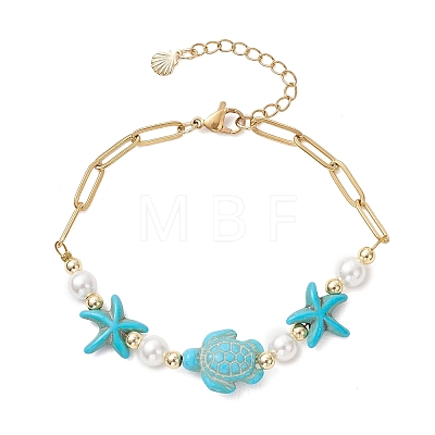 Synthetic Turquoise & Shell Pearl Beaded Link Bracelets BJEW-JB13807-01-1