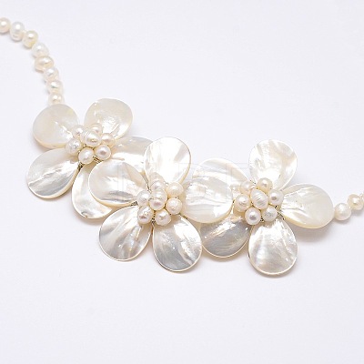 Flower Mother of Pearl Bib Statement Necklaces NJEW-N0014-06I-1