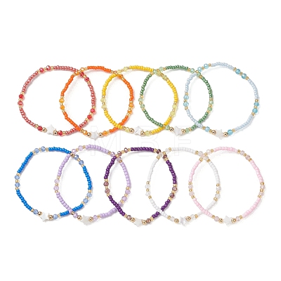 10Pcs Glass Seed Beads & Glass & Natural Trochid Shell Beaded Stretch Bracelets for Women BJEW-MZ00272-1
