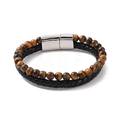 Natural Mixed Gemstone Beaded & Microfiber Leather Cord Double Layer Multi-strand Bracelet BJEW-G658-04P-1
