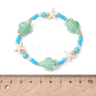 3Pcs 3 Styles Handmade Porcelain & Glass Seed Bead & Starfish Synthetic Turquoise Stretch Bracelets for Women BJEW-MZ00316-1