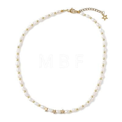 Natural Cultured Freshwater Pearl Two Sides Polished & Brass Star Beaded Necklaces for Women NJEW-JN06356-1