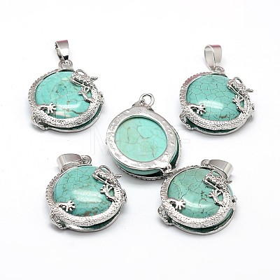 Flat Round with Dragon Platinum Tone Brass Synthetic Turquoise Pendants G-F228-24B-RS-1