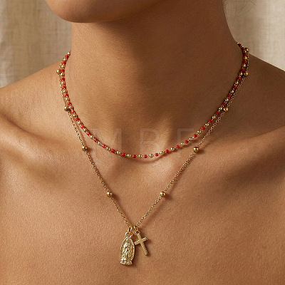 Red Glass Beaded Chain Double Layer Necklaces with Stainless Steel Religion Virgin Cross Pendant QR8888-1-1