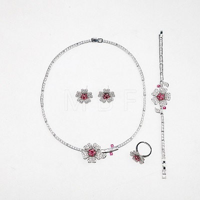 Flower Brass Micro Pave Cubic Zirconia Pendant Necklaces & Stud Earrings & Rings & Bracelets Sets WG9A1B1-02-1