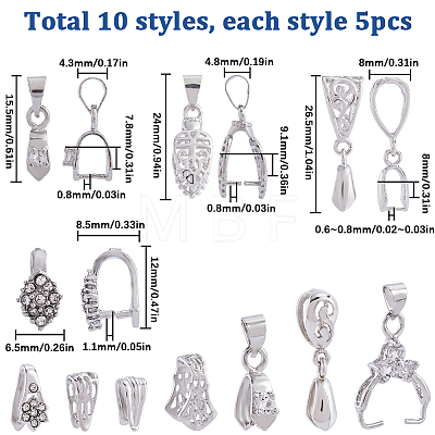 50Pcs 10 Styles Filigree Rack Plating Brass Pendant Pinch Bails KK-SC0005-57-1