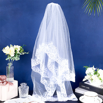 Polyester Long Mesh Tulle Bridal Veils with Combs OHAR-WH0029-09A-1