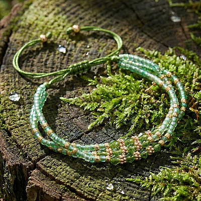 Adjustable Glass Seed Bead & Glass & Brass Beads Multi-Strand Bracelets for Women HR1151-1-1