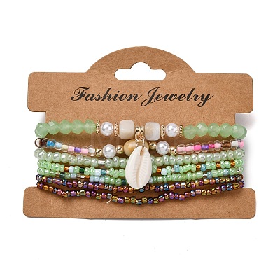 Bohemian Resin & Alloy & Glass Beads & Shell & Plastic Pearls Beaded Stretch Bracelets BJEW-Z169-01D-1