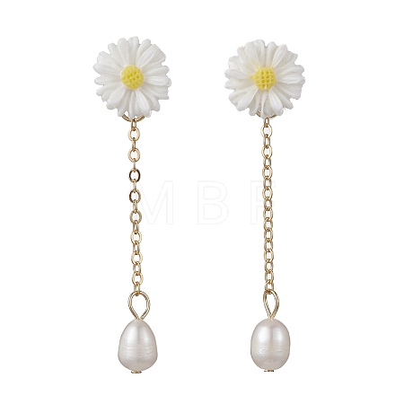 Natural Pearl & Resin Sunflower Dangle Stud Earrings EJEW-JE05692-01-1