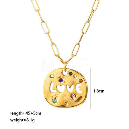 Mother's Day 304 Stainless Steel Pave Cubic Zirconia Irregular Disc with Hollow Word LOVE Pendant Necklaces for Women WGBC73E-03-1