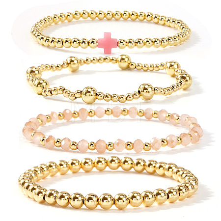 4Pcs 4 Styles Handmade Brass & Natural Gemstone & Glass Beads Stretch Bracelet Set OI0028-3-1