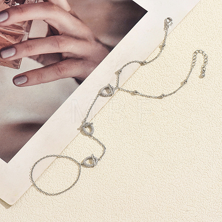 Elegant Brass Micro Pave Clear Cubic Zirconia OT Link Hand Chain Ring Bracelets for Women YB8510-1